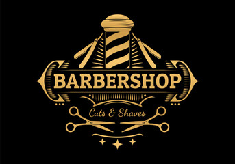 Barbershop logo. Vintage barber shop sign. Man haircut salon retro design. Old hairdresser badge with barber pole, scissors, razor blade. Vector illustration.