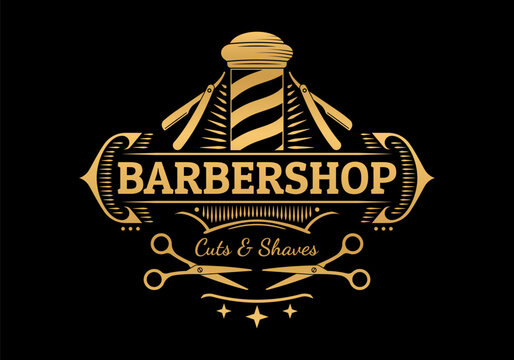 Barbershop logo. Vintage barber shop sign. Man haircut salon retro design. Old hairdresser badge with barber pole, scissors, razor blade. Vector illustration.