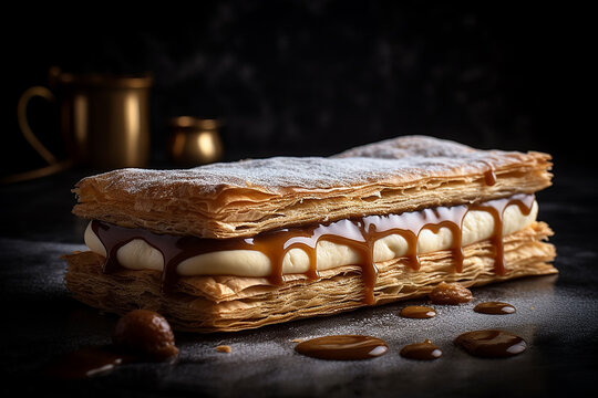 Fetta di torta Mille Foglie, tipico francese, close-up, alla crema e caramello, alta risoluzione. 