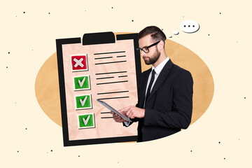 Creative abstract template graphics collage image of smart clever guy filling check list isolated...