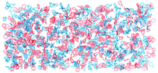 Lots of male and female gender signs scattered on white background. Transparent crystal blue and pink symbols. 3d illustration.