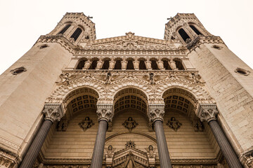 Lyon, Auvergne-Rh&ocirc;ne-Alpes, France - December 9, 2022: Facade of the Basilica of Notre-Dame de Fourviere