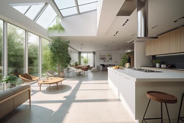 Fototapeta na wymiar Light-Filled Living Room with Windows and Skylight: House Kitchen on a Sunny Day with Open Ceiling