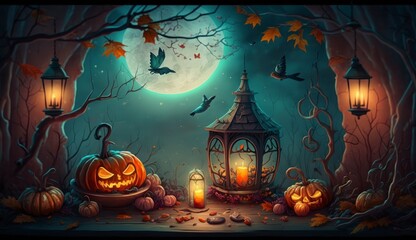 Illustration of a moonlit table, candles, and pumpkin lanterns for Halloween. Halloween flag.Generative AI