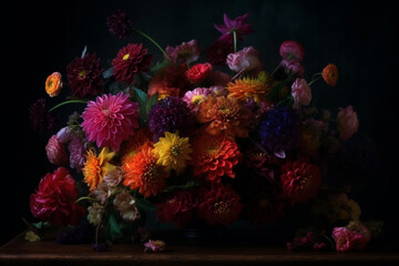 Fototapeta na wymiar Vibrant Bouquet: A Painting of Colorful Flowers Against a Dark Background