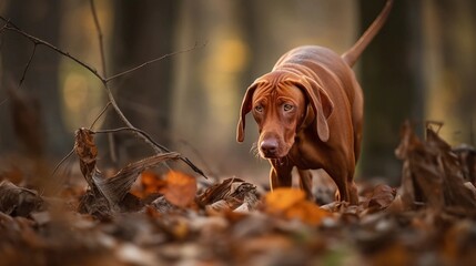 A photograph of a Hungarian Vizsla dog sniffing out a pheasant in a field of tall grass