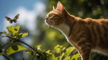 A photograph of a ginger cat jumping in the air to catch a butterfly