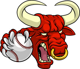 A bull or Minotaur monster longhorn cow angry mean baseball mascot cartoon.