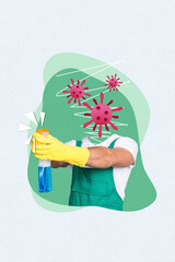 Collage photo advertisement cleaning company housekeeping man headless microbe splash chemical...