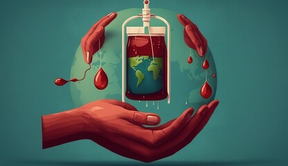 Blood donation illustration concept with blood bag. World blood donor day, Generative Ai