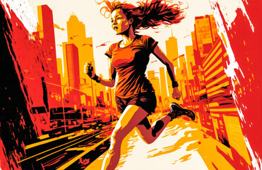 An athletic woman runs, showing determination and freedom. Bright colors and bold shapes express energy and movement. Generative AI