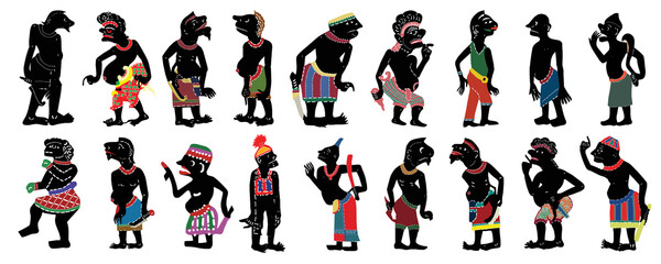 Shadow Puppet in traditional clothes. Set of vector illustrations in flat style