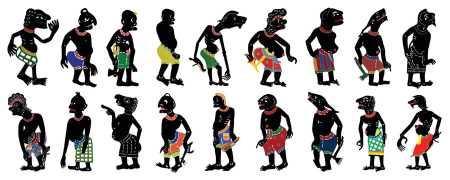 Leather Shadow Puppet in traditional costume. Set of vector illustrations of shadow puppet