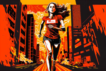 A cute young woman runs through a cityscape. She represents the strength and determination of female athletes with a bright color palette. Generative AI