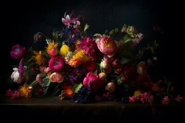 Obraz na płótnie Canvas Vibrant Bouquet: A Painting of Colorful Flowers Against a Dark Background