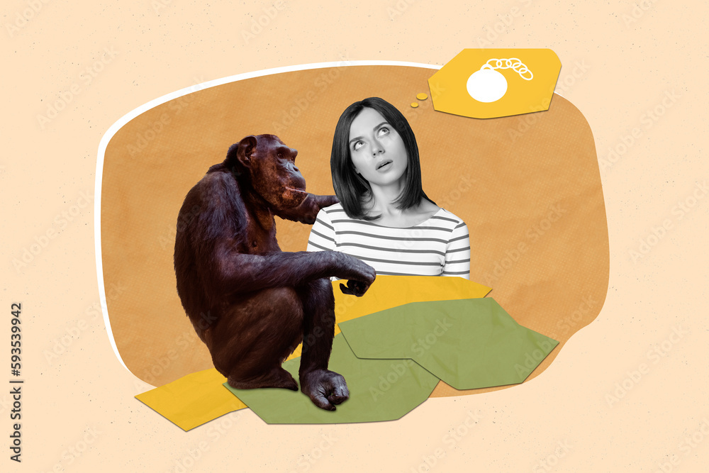 Sticker Photo cartoon comics sketch collage picture of monkey hugging thoughtful doubtful lady isolated drawing background