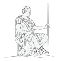 An ancient Roman legionary general in armor with a staff in his hand sits on a throne. Figure isolated on white background. Linear vector drawing.