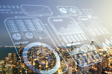 Abstract virtual analytics data spreadsheet on Chicago cityscape background, analytics and analysis concept. Multiexposure
