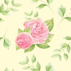 Watercolor seamless pattern with peonies, leaves, roses on cream background. Hand drawn. For paper, fabric, bedding