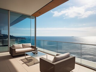 Obraz na płótnie Canvas Luxurious modern apartment terrace with ocean view. generative ai