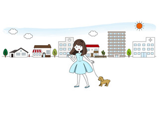 仔犬と一緒に街を散歩する女の子の手描きイラスト素材