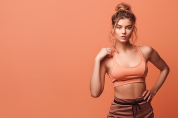 Building a Better Body: Athletic Girl Performing Fitness Poses on Pastel Orange Background with space for Text. Copy space. Health and Exercise Concept AI Generative