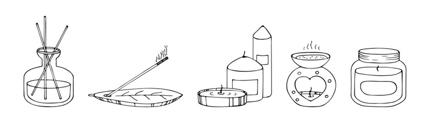 Different types of candles. Set decorative wax for relax and spa. Vector hand drawn  pictures in doodle style. Line art illustrations
