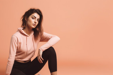 Obraz premium Building a Better Body: Athletic Girl Performing Fitness Poses on Pastel Orange Background with space for Text. Copy space. Health and Exercise Concept AI Generative