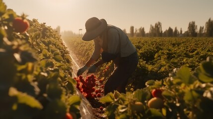 Erdbeeren-Saison Erdbeerenernte mit Bauer auf dem Feld: Ernte der frischen Erdbeeren - obrazy, fototapety, plakaty
