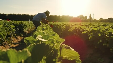 Erdbeeren-Saison Erdbeerenernte mit Bauer auf dem Feld: Ernte der frischen Erdbeeren