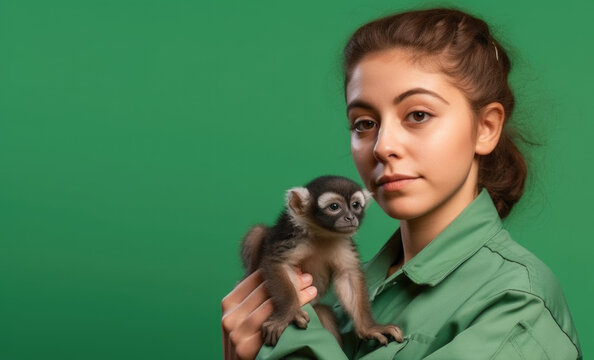 Caring for Wildlife: Female Zookeeper holding a small monkey on isolated green background with space for text. Copy space. Wildlife conservation concept AI Generative