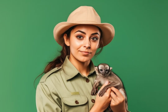 Caring for Wildlife: Female Zookeeper holding a small monkey on isolated green background with space for text. Copy space. Wildlife conservation concept AI Generative