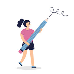 A flat cartoon schoolgirl is standing and holding a big pencil. Flat character education pencil..