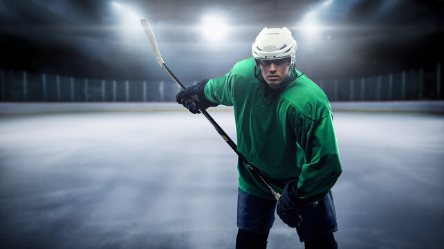 Art of hockey player man dressed in protective sportswear and helmet.