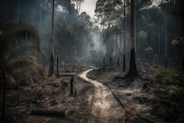Fototapeta na wymiar Burnt Rainforest - Generative AI illustration