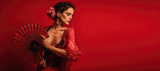 Dancing with Intensity: Flamenco Dancer Performing with Dress and Fan on Red Background with Space for Text. Copy Space. Culture concept - AI Generative - obrazy, fototapety, plakaty