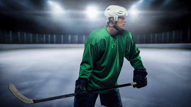 Shot of professional hockey player dressed in green uniform in stadium.