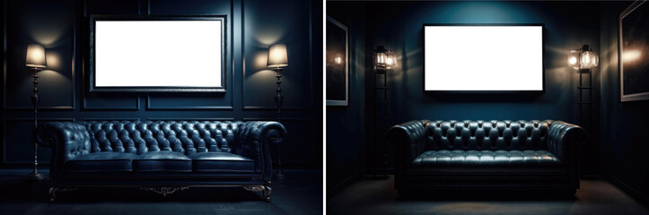Luxurious interior with blue leather sofa in the low-key mood with  PNG transparent mockup frame for image design generative ai. Set of room designs