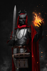 Art of esoteric wizard dressed in silver cuirass and red robe casting fireball.