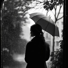 girl under an umbrella looks at the rain black and white illustration