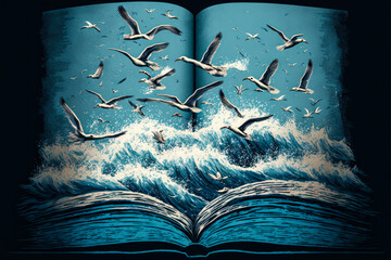 This digital illustration shows an open book releasing a flock of seagulls. The style and colors blend to evoke a sense of serenity and freedom. Generative AI