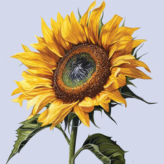 A botanical art of a single sunflower on a blue background