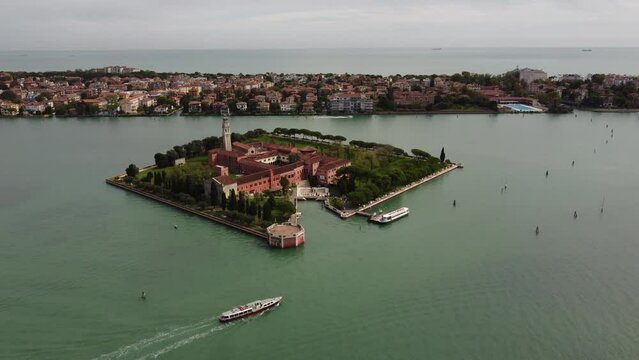  Drone view of the island of San Lazaro degli Armeni, moving forward.