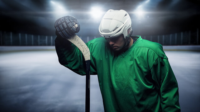 Portrait of sad hockey player with hockey stick and uniform against rink.