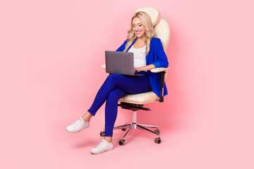 Full body photo of sitting boss chair girl working freelance hr manager use laptop for zoom...