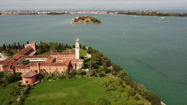 Drone view of the island of San Lazaro degli Armeni, moving around clockwise.