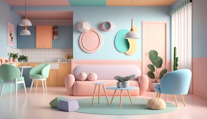 Living room interior design. Home background furniture 3d rendering of Pastel architecture house wall. Generative Ai.