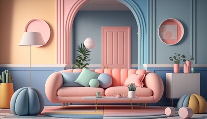 Pastel living room interior design. Home background furniture 3d rendering of architecture modern house. Generative Ai.