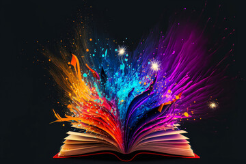 Abstract explanation of an open book emanating an explosion of bright, bold colors. Use it to represent creativity, innovation and progress. Generative AI