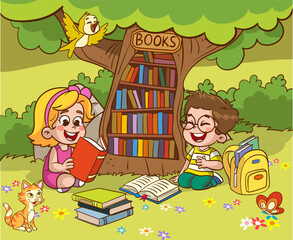 Children Reading Book At Nature cartoon vector